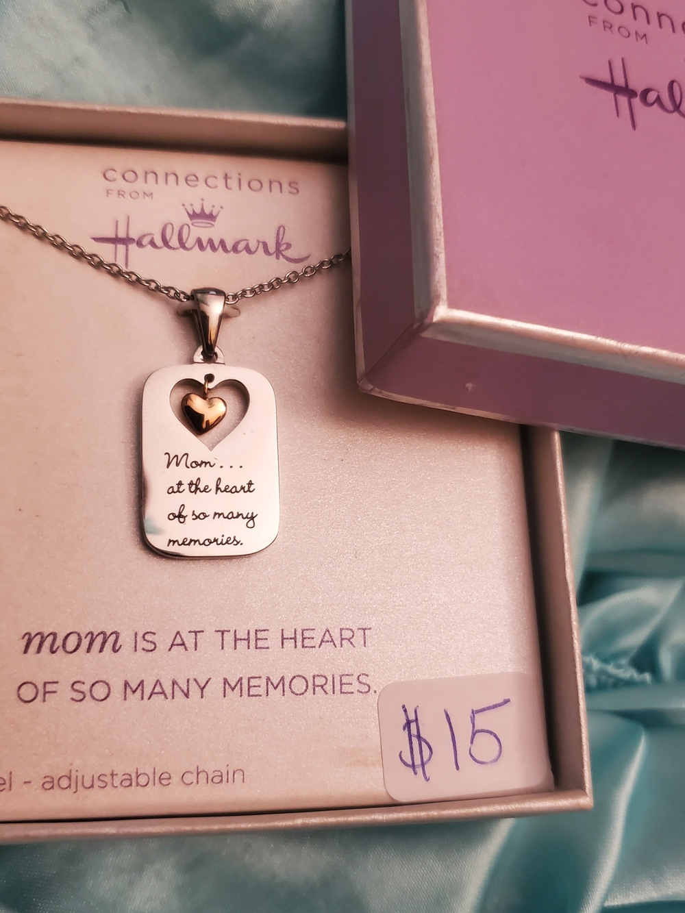 Hallmark 'Mom' Two-Tone Heart Pendant Necklace - Silver & Rose Gold